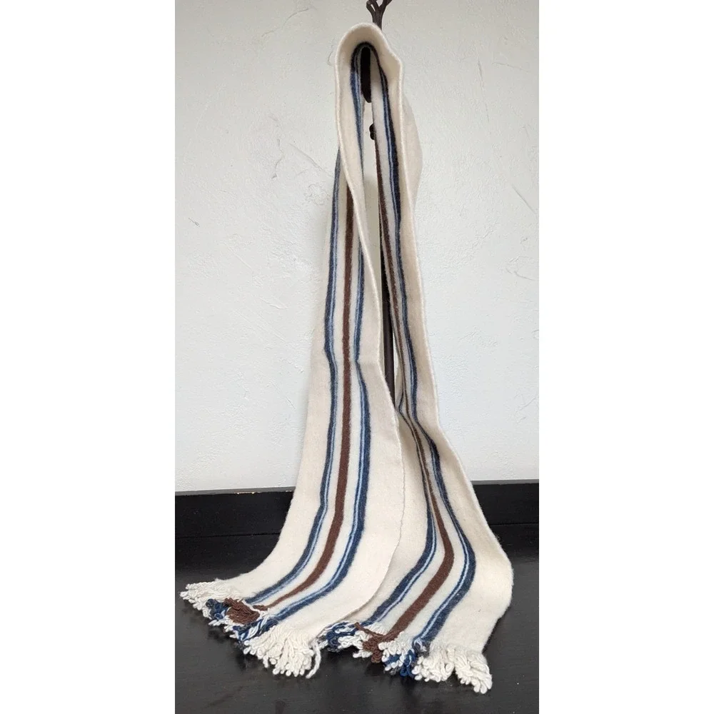 Gender‎ Neutral 100 % Wool Scarf Cream/Blue/Brown w/Tassel Fringe